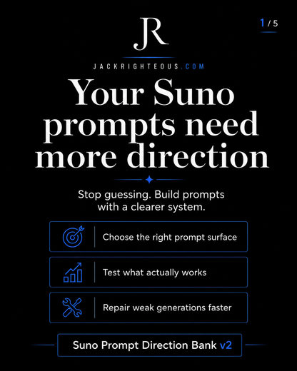 Promotional graphic for Suno prompts with a clear system on a black background