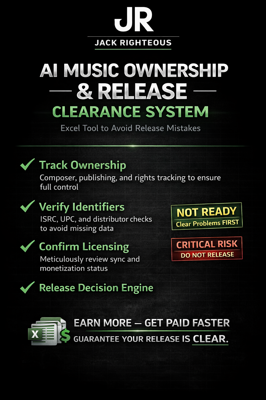Promotional graphic for AI music ownership and release clearance system by Jack Righteous on a black background.
