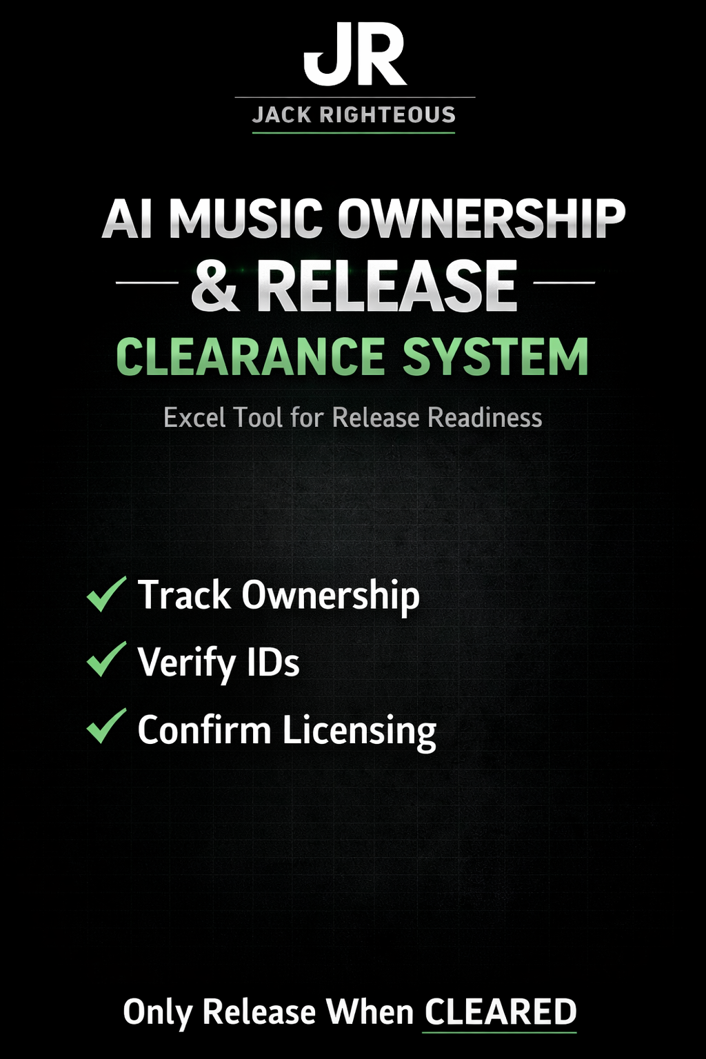 Promotional graphic for AI Music Ownership & Release Clearance System by Jack Righteous on a black background.