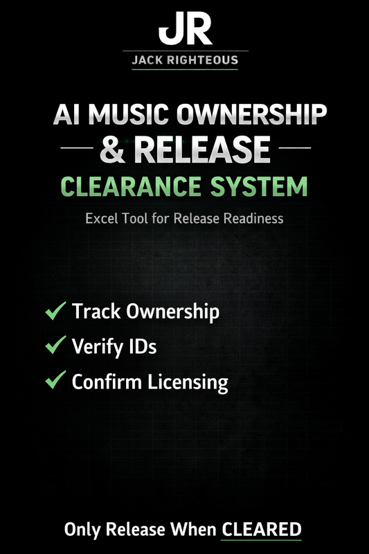 Promotional graphic for AI Music Ownership & Release Clearance System by Jack Righteous on a black background.