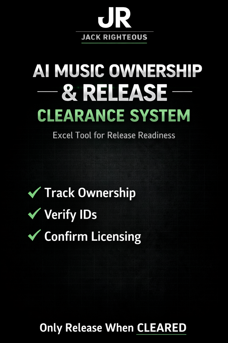 Promotional graphic for AI Music Ownership & Release Clearance System by Jack Righteous on a black background.