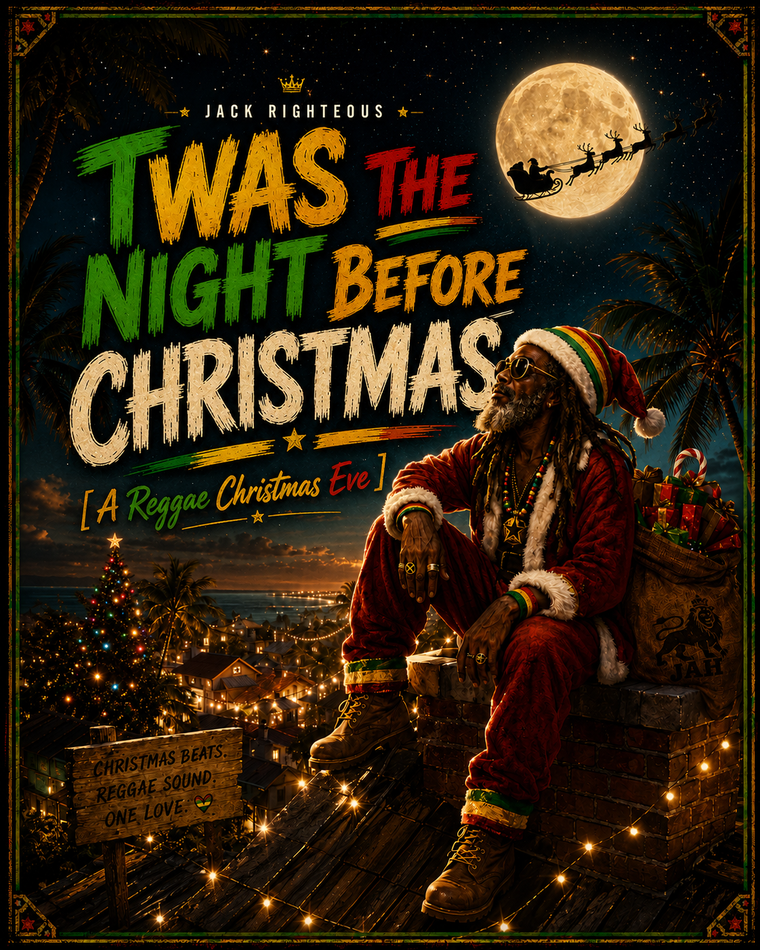 Album cover art for Jack Righteous's 'Twas the Night Before Christmas' featuring a stylized, reggae-inflected Santa Claus sitting on a brick wall under a full moon, with a tropical cityscape and palm trees in the background.