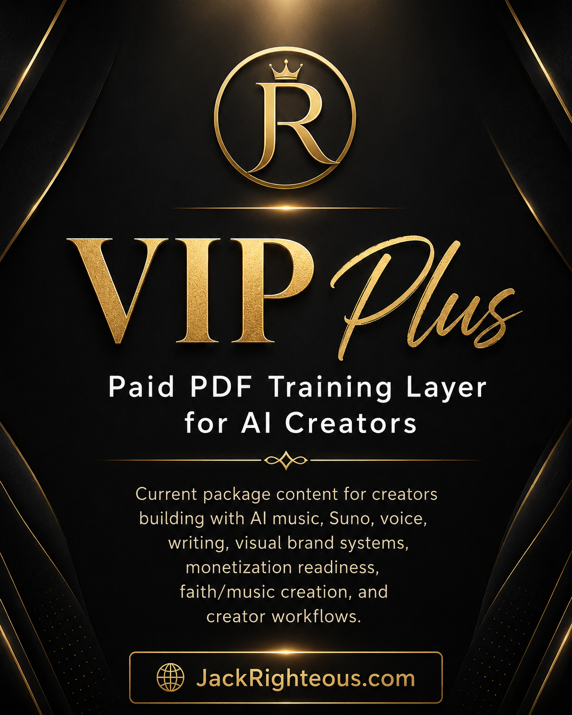 VIP Plus paid PDF training layer for AI creators with a gold logo and text on a black background.