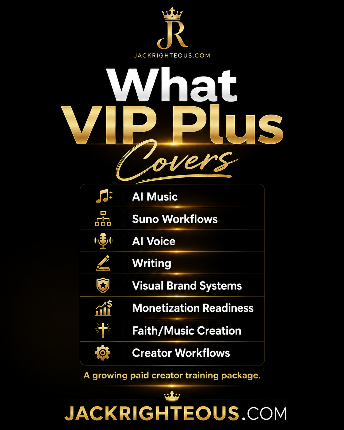 Promotional graphic for VIP Plus package offerings with a black background and gold text.