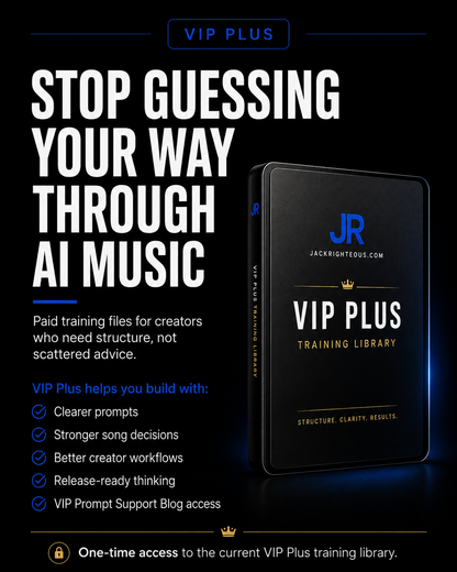 VIP Plus training library for AI music creators needing structure, prompts, workflows, and release-ready thinking.