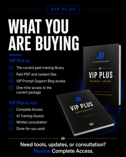 VIP Plus purchase details showing current training library access, VIP Blog access, and key boundaries.