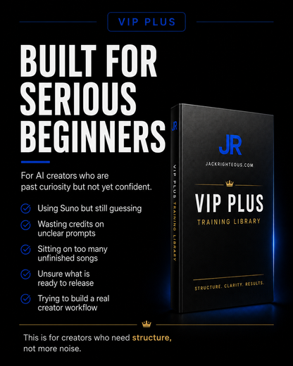 VIP Plus for serious beginner AI creators using Suno, wasting credits, and needing clearer creative direction.
