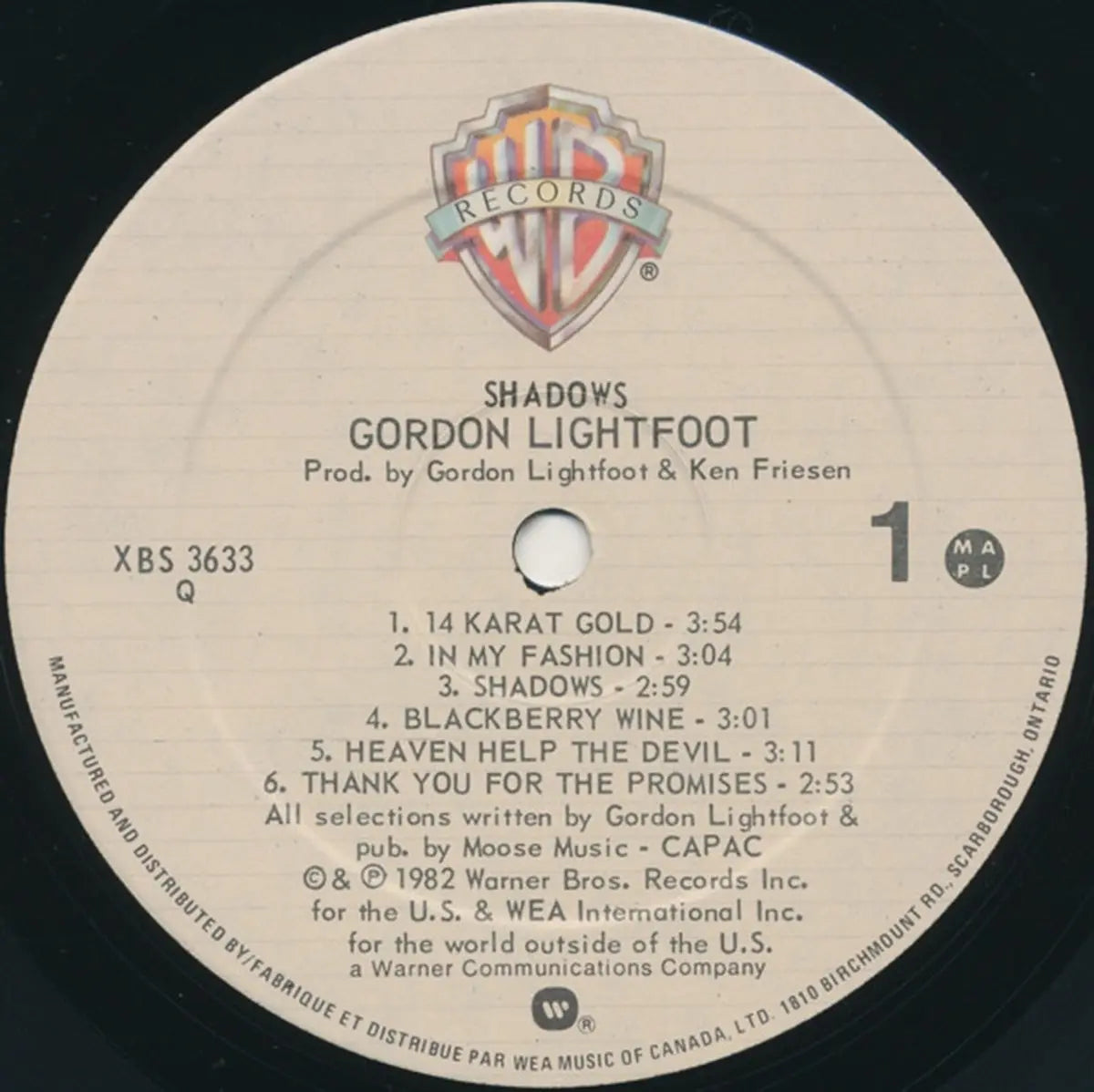 Gordon Lightfoot – Shadows - 1982 Original