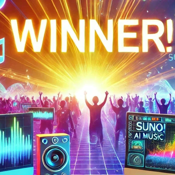 Futuristic digital music studio scene with glowing "WINNER: SUNO!" text, AI icons, vibrant music waveforms, and musical notes, highlighting Suno's dominance in AI music creation.