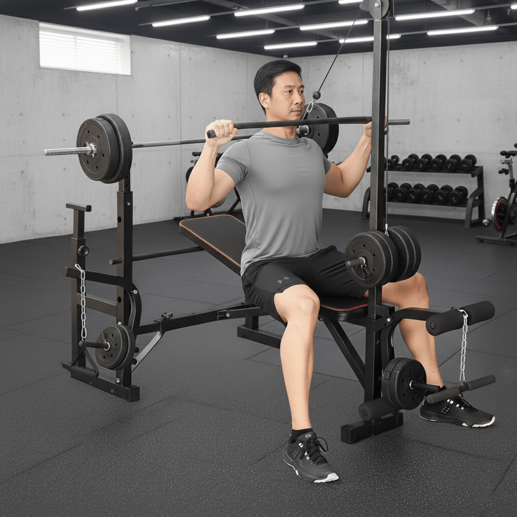 Adjustable Workout Bench with Lat Pulldown Pulley, Scott Bench & Barbell Rack ST6655 - Jack Righteous