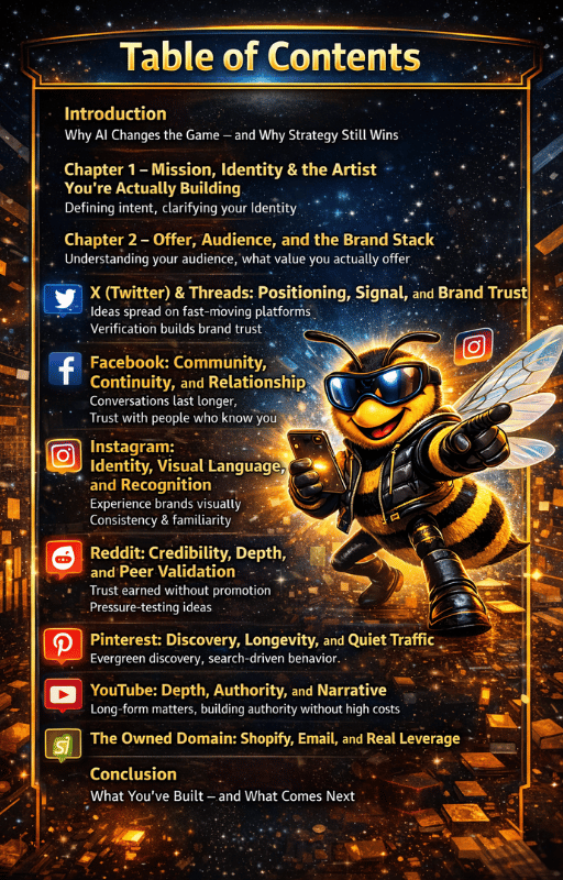 Table of contents for the Bee Righteous guide to building an AI creator brand on social platforms