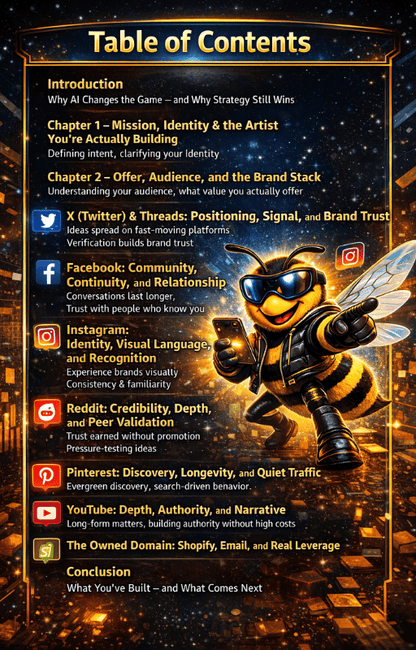 Table of contents for the Bee Righteous guide to building an AI creator brand on social platforms