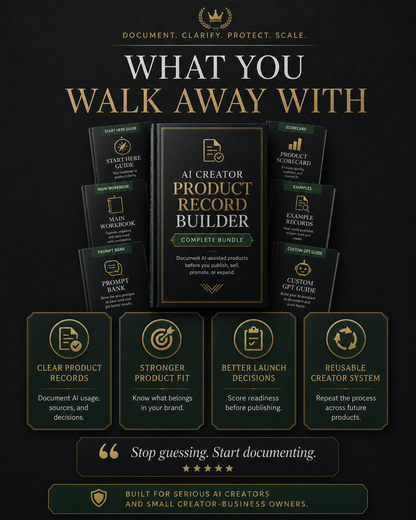 AI Creator Product Record Builder bundle for organizing product decisions, records and supporting assets
