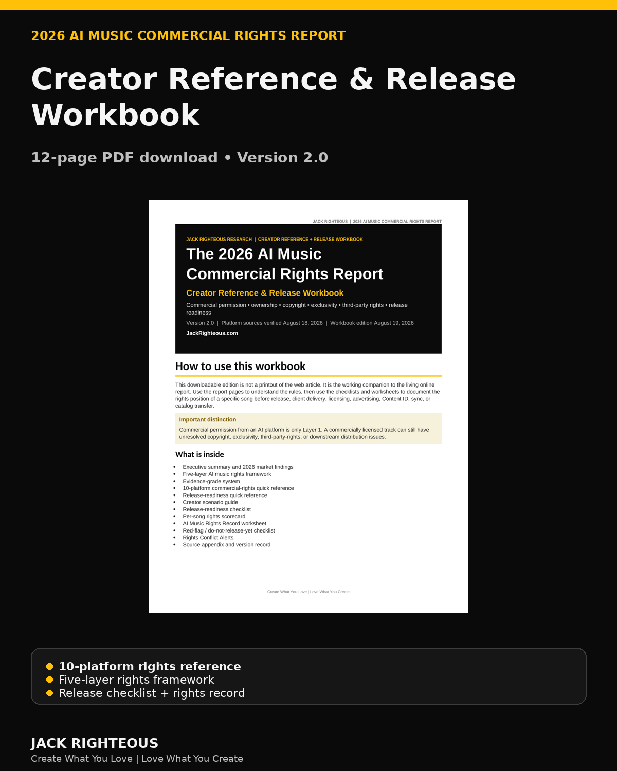 2026 AI Music Commercial Rights Report Creator Reference and Release Workbook vertical product cover