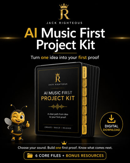 AI Music First Project Kit digital download by Jack Righteous with six core files and bonus resources.