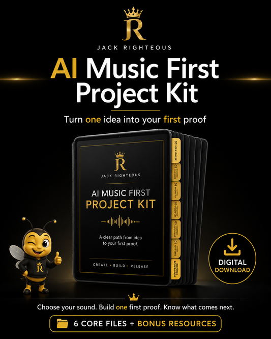 AI Music First Project Kit digital download by Jack Righteous with six core files and bonus resources.