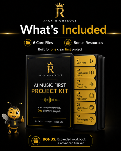 What is included in the AI Music First Project Kit: six core files plus expanded workbook and tracker bonuses.