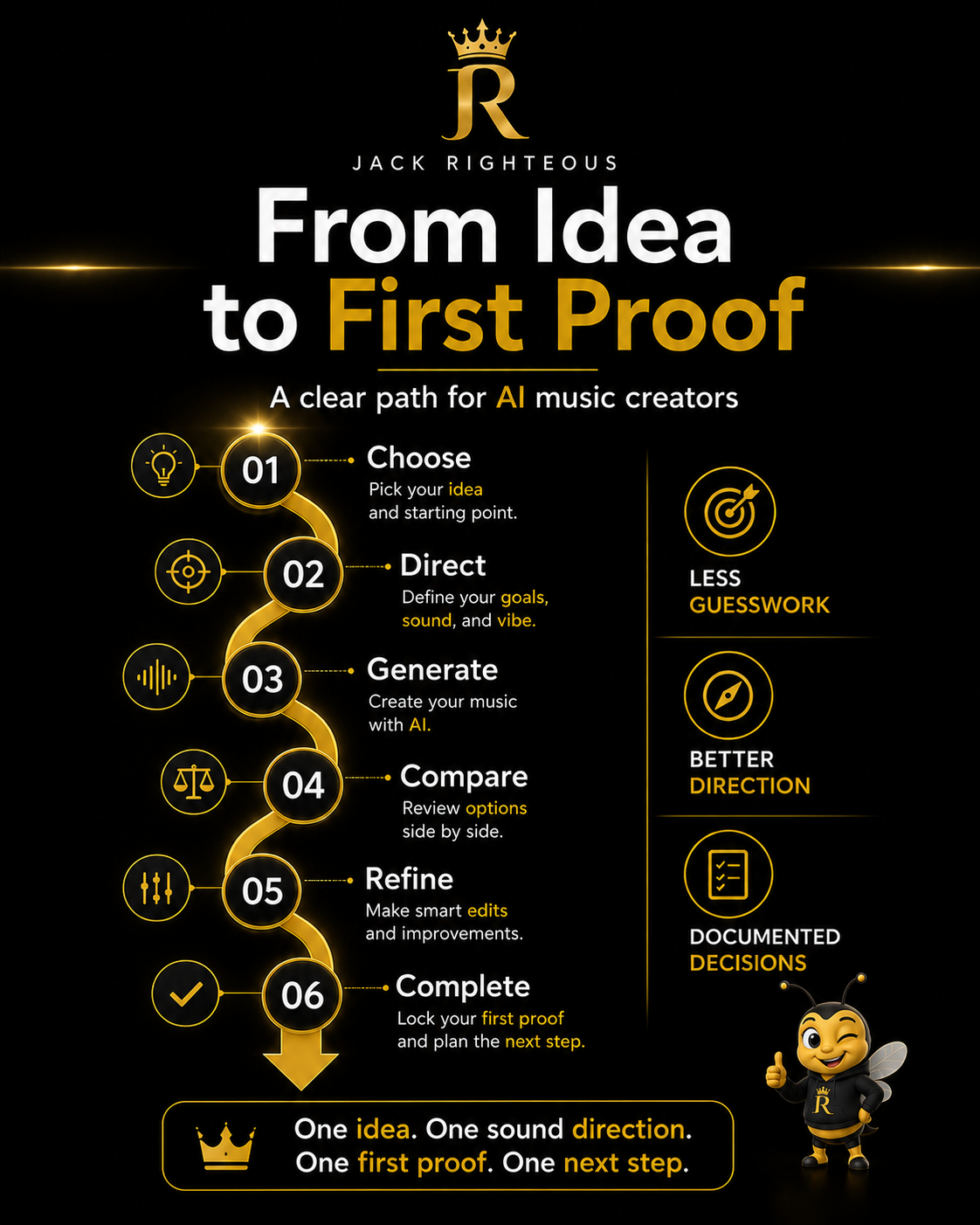 Six-step AI music project path from idea and sound direction to comparison, refinement, first proof, and next step.