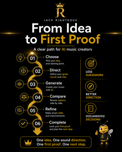 Six-step AI music project path from idea and sound direction to comparison, refinement, first proof, and next step.