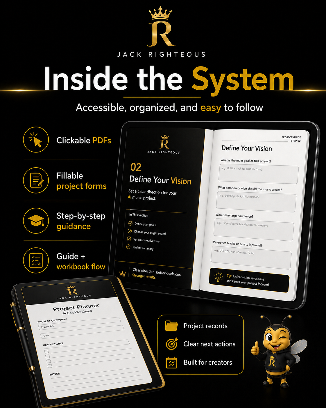 Inside the AI Music First Project Kit with clickable PDFs, fillable project forms, guided steps, and project records.