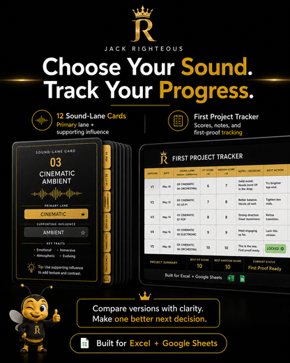 AI Music Sound-Lane Cards and First Project Tracker for choosing a sound direction and comparing versions.