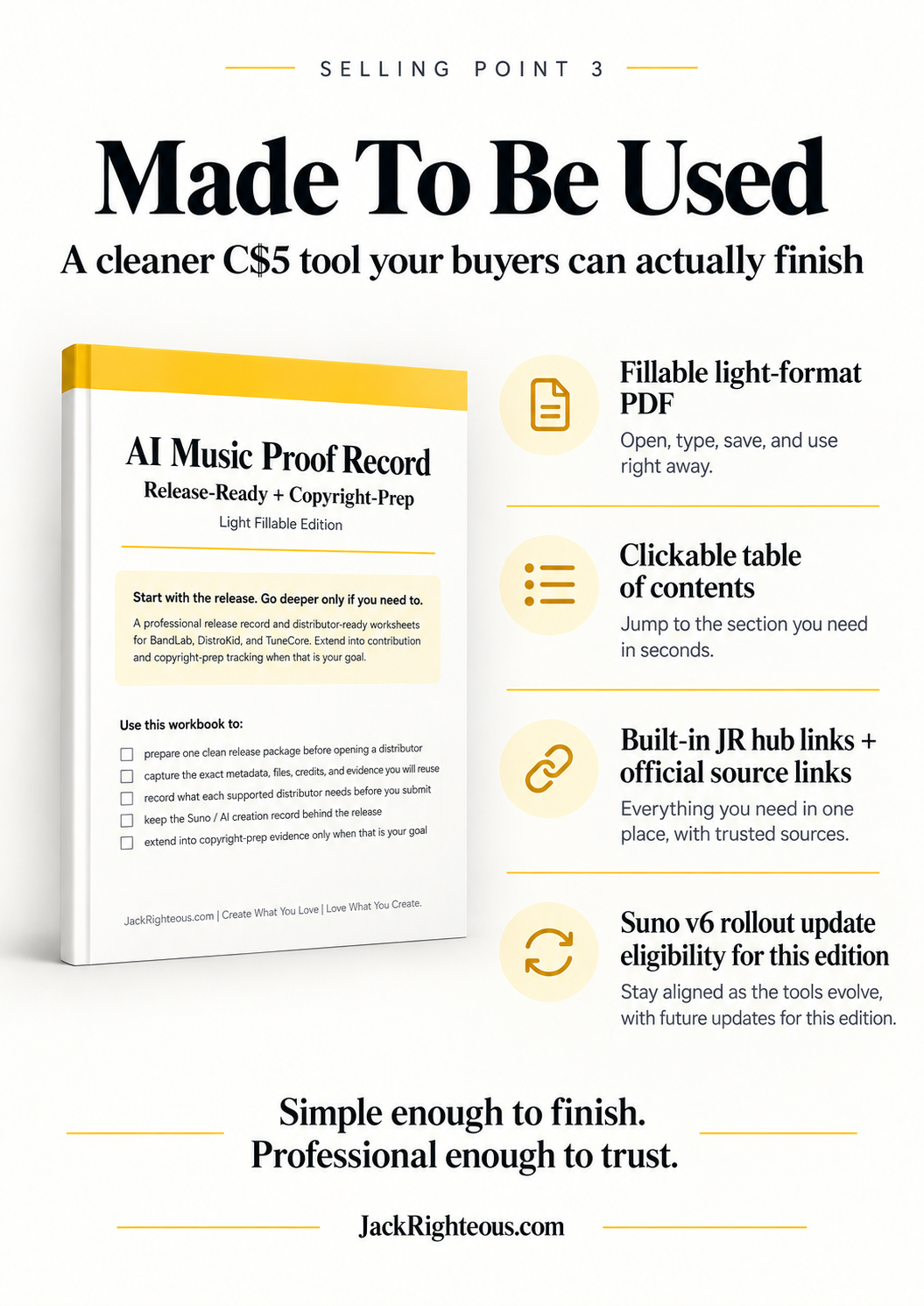 Fillable AI Music Proof Record PDF with clickable table of contents JR training links official sources and Suno v6 update eligibility