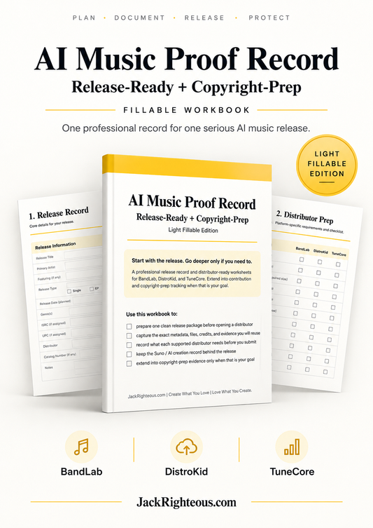 AI Music Proof Record release-ready and copyright-prep fillable workbook for AI music creators