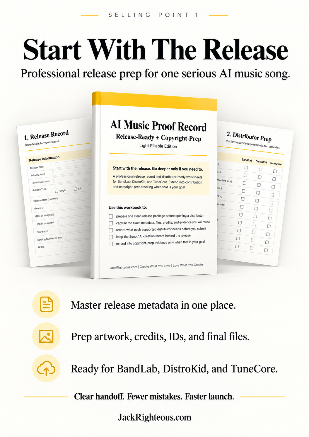 AI music release workbook for preparing metadata artwork credits and files for BandLab DistroKid and TuneCore