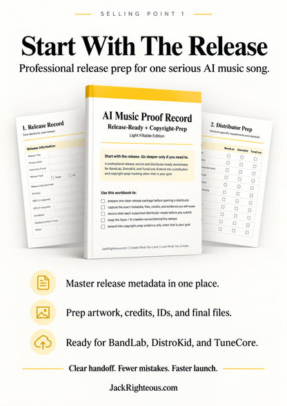 AI music release workbook for preparing metadata artwork credits and files for BandLab DistroKid and TuneCore