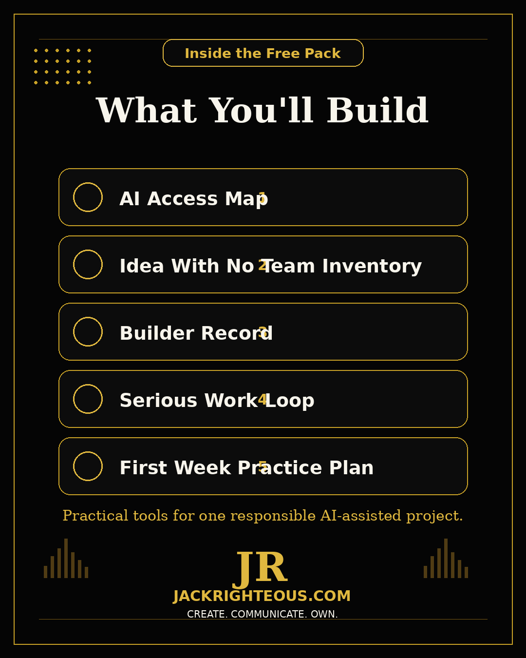 List of items to be built in a free pack with JR's branding on a black background.