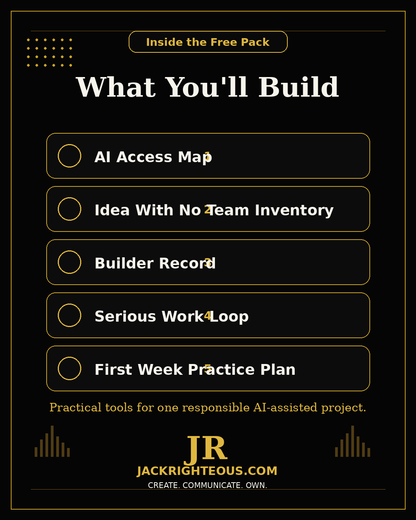 List of items to be built in a free pack with JR's branding on a black background.