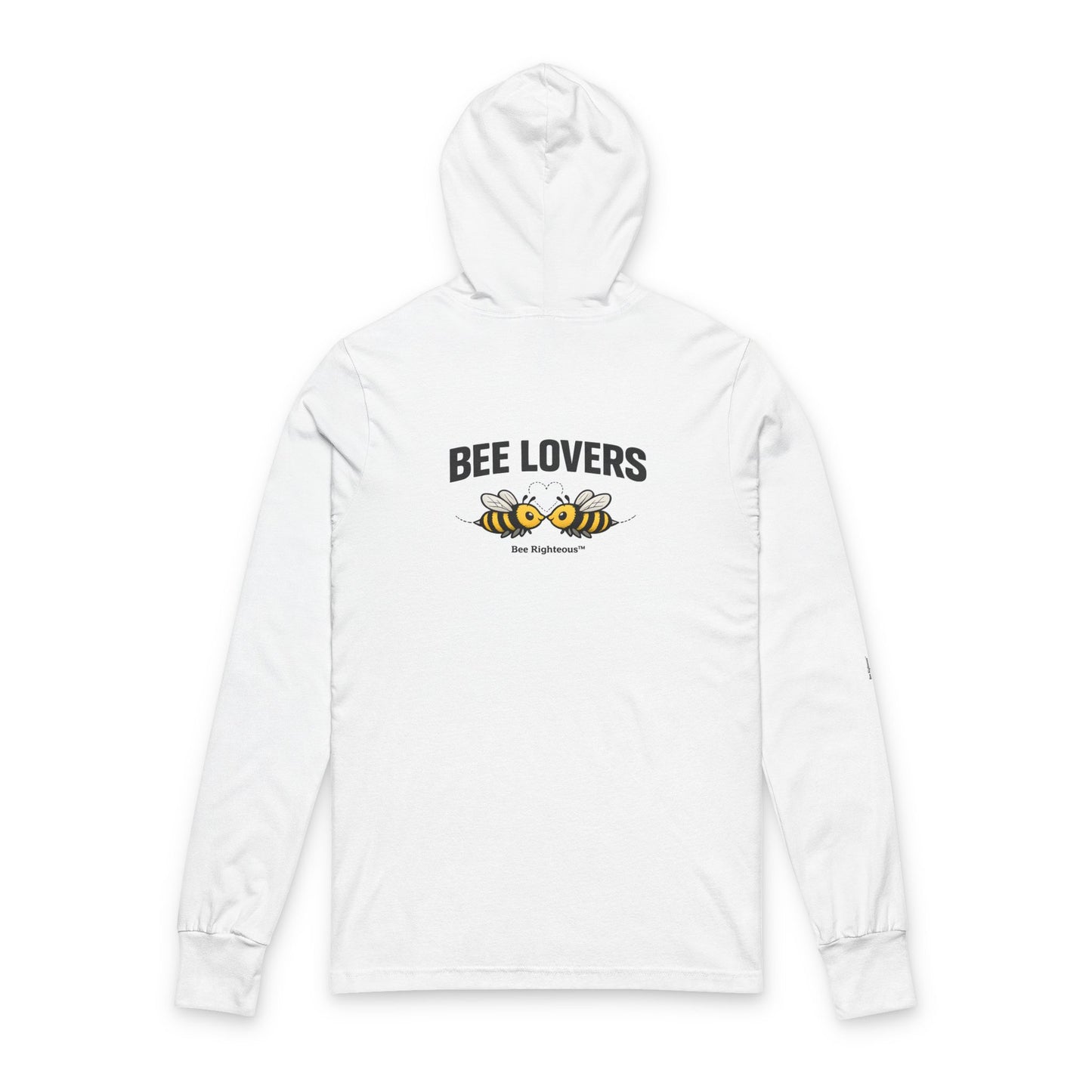 Bee Lovers hooded long sleeve tee with Bee Righteous design shown from an alternate product view
