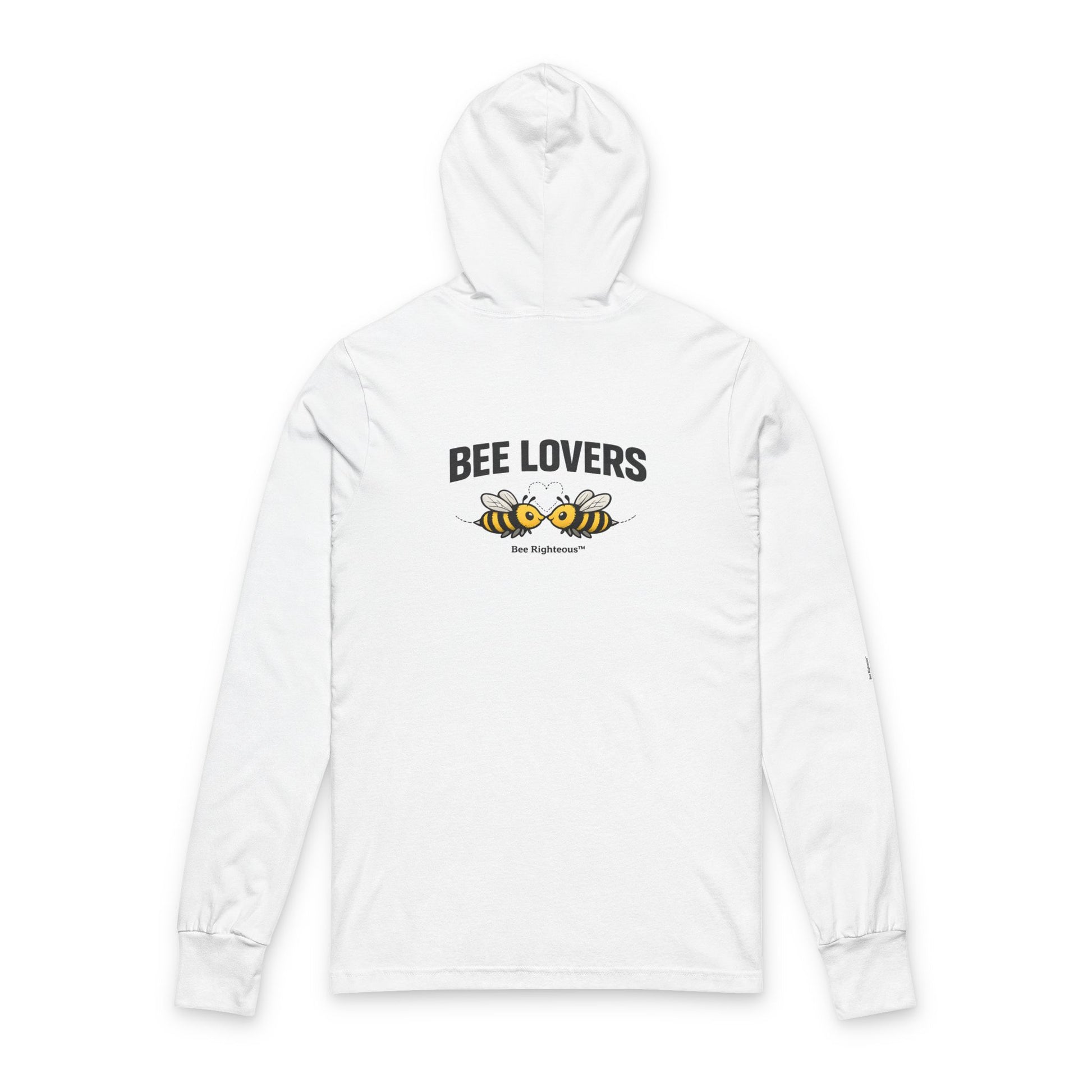 Bee Lovers hooded long sleeve tee with Bee Righteous design shown from an alternate product view