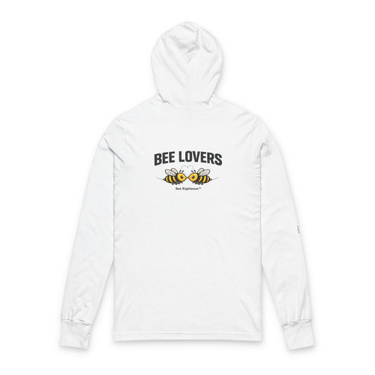 Bee Lovers hooded long sleeve tee with Bee Righteous design shown from an alternate product view