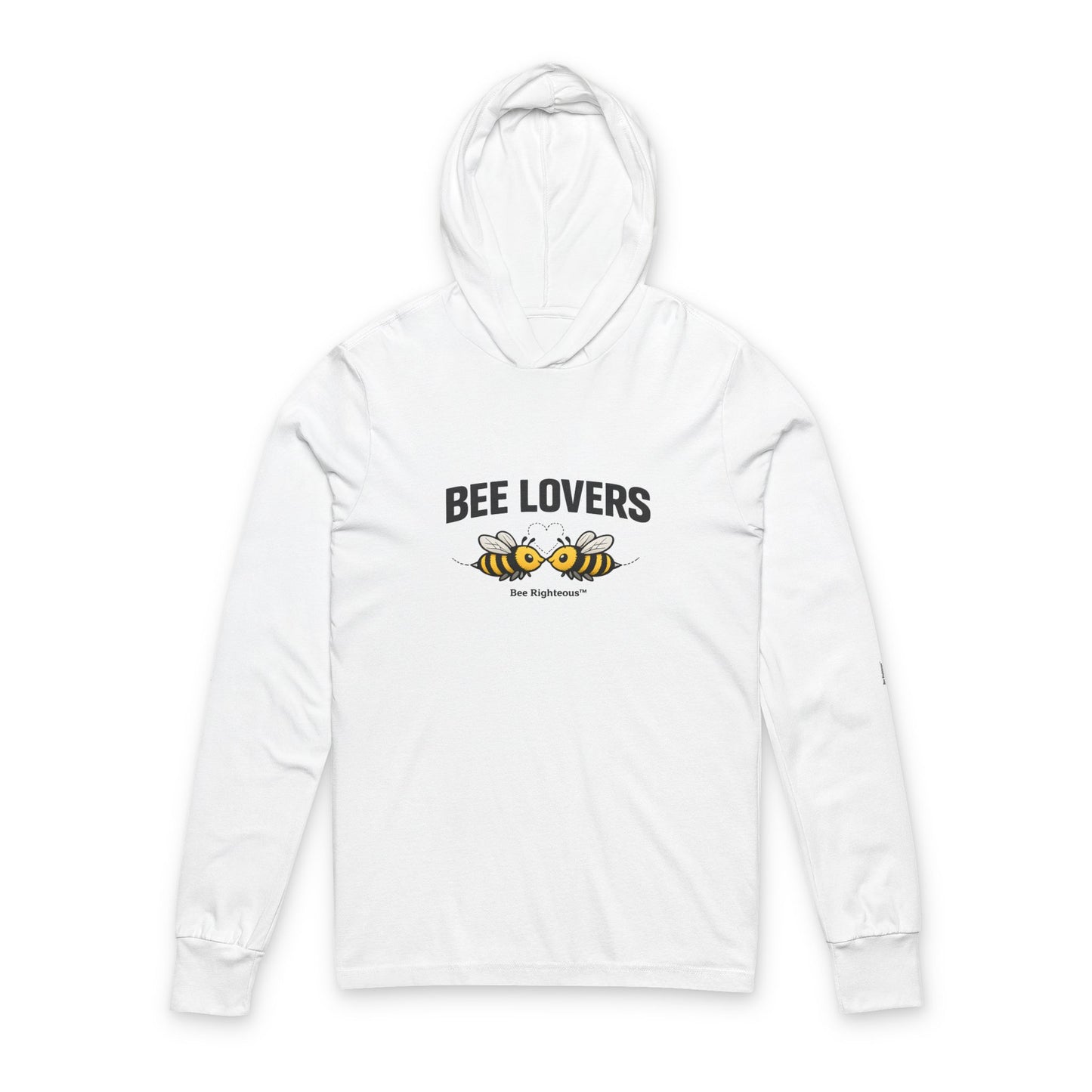 Bee Lovers hooded long sleeve tee with Bee Righteous graphic design shown from the front