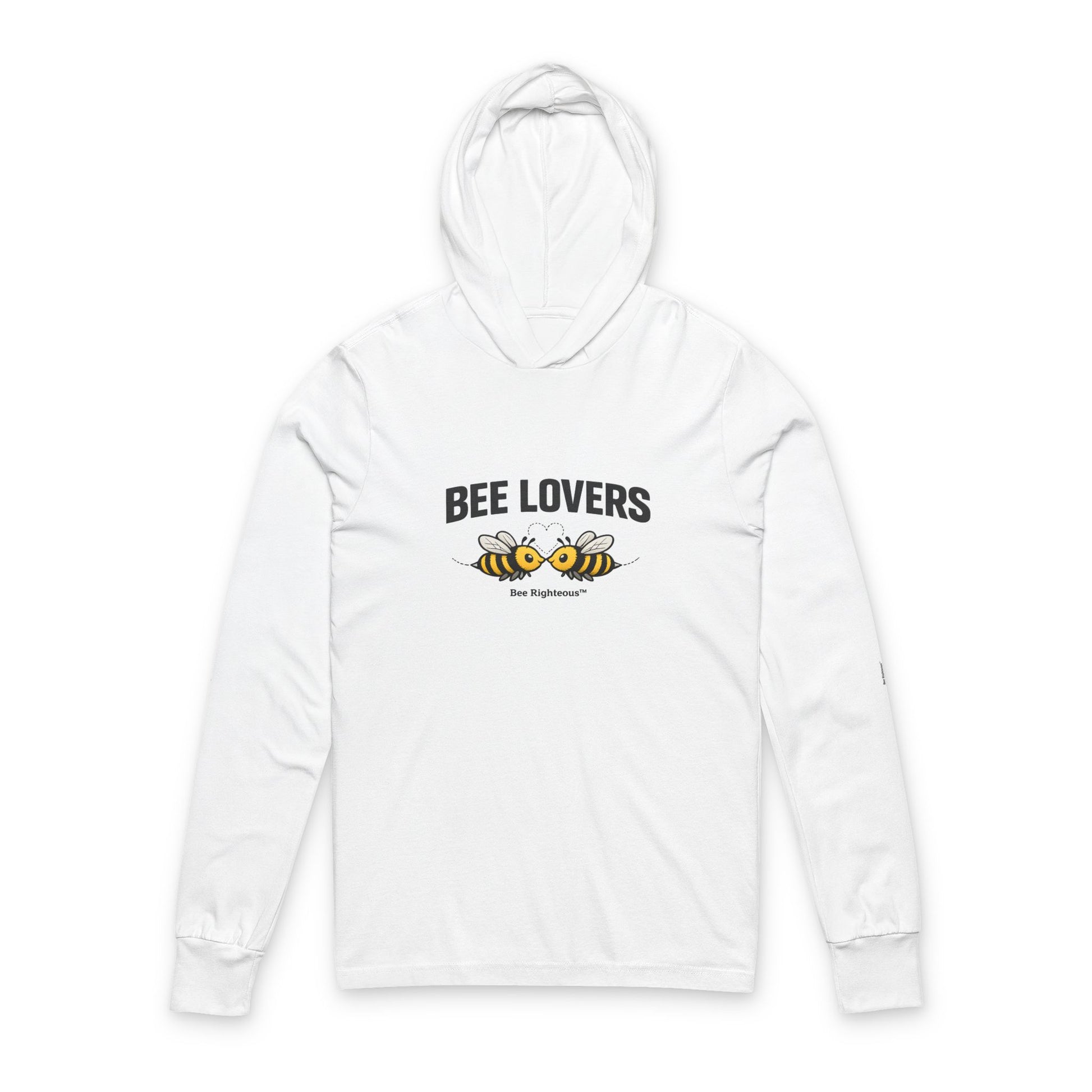 Bee Lovers hooded long sleeve tee with Bee Righteous graphic design shown from the front