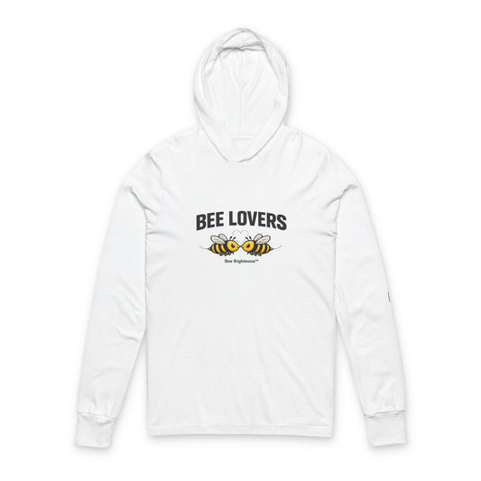Bee Lovers hooded long sleeve tee with Bee Righteous graphic design shown from the front