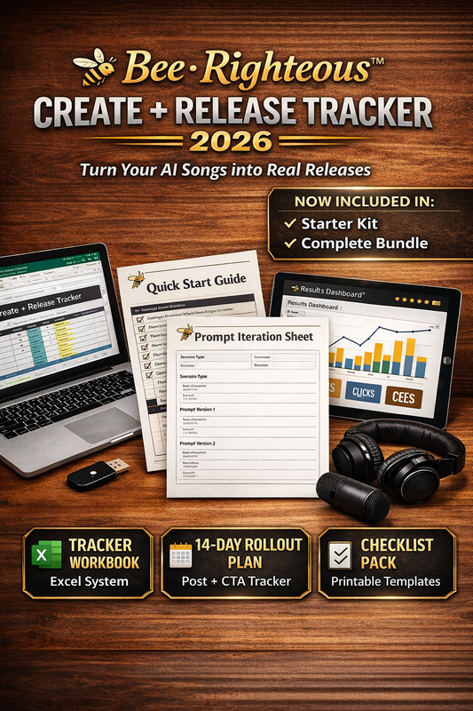 Bee Righteous Create and Release Tracker 2026 for planning AI music projects, releases and completion checkpoints