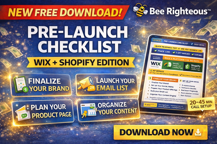Bee Righteous free pre-launch checklist for checking Wix and Shopify creator pages before publishing