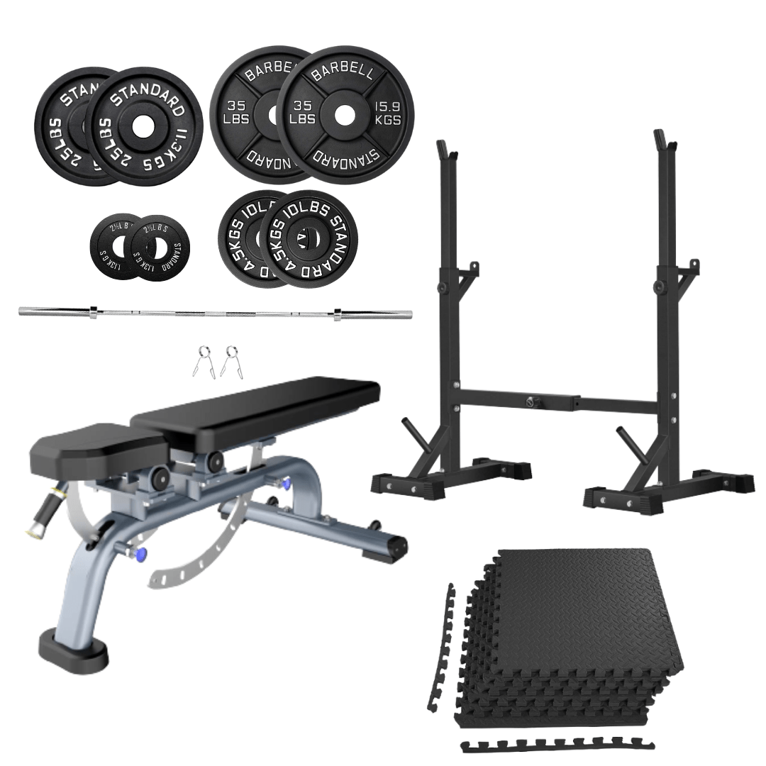 Bench Press Stack with Squat Rack, Weight Plates and Barbell Bar - Jack Righteous