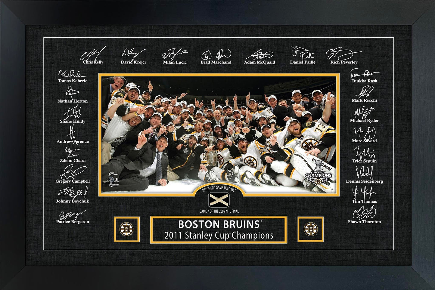 Boston Bruins 2011 Stanley Cup Replica Signature Frame with Game - Used Net - Jack Righteous