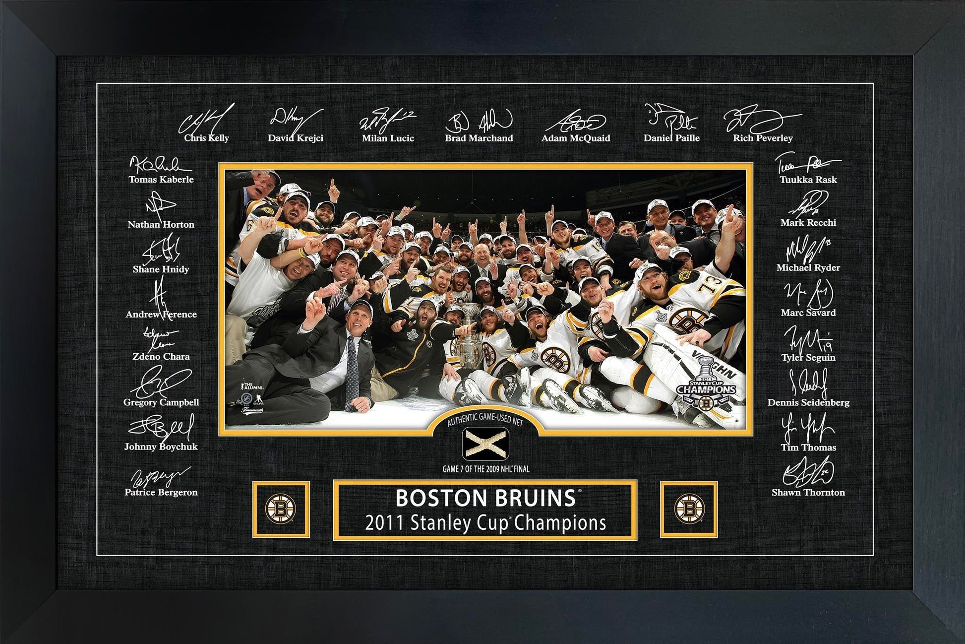 Boston Bruins 2011 Stanley Cup Replica Signature Frame with Game - Used Net - Jack Righteous