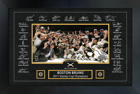 Boston Bruins 2011 Stanley Cup Replica Signature Frame with Game - Used Net - Jack Righteous