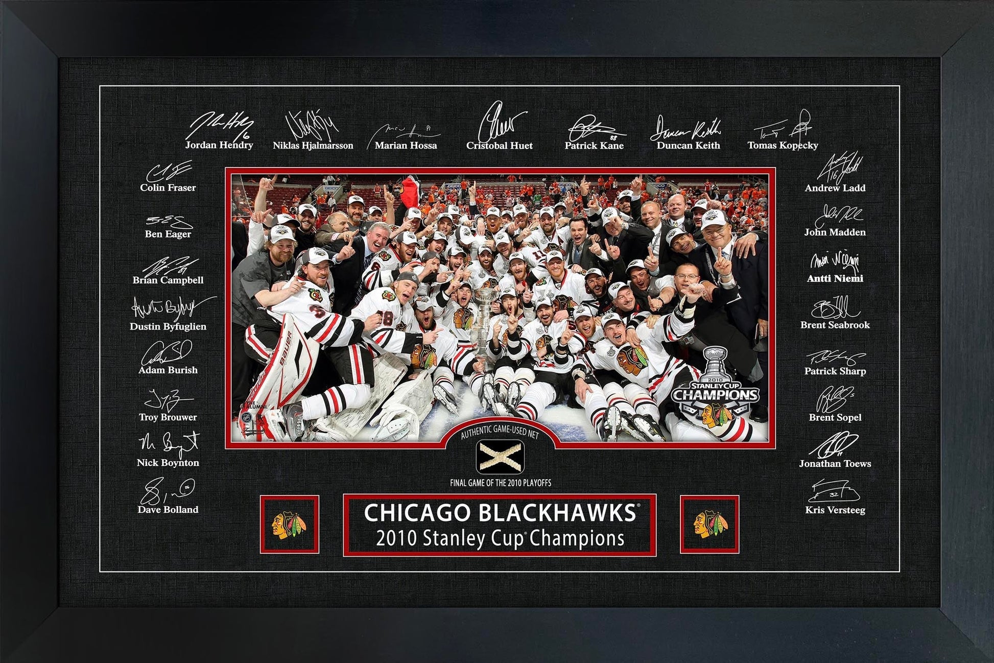 Chicago Blackhawks 2010 Stanley Cup Replica Signature Frame with Game - Used Net - Jack Righteous
