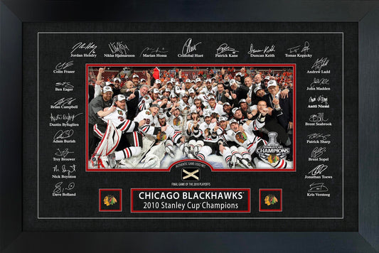Chicago Blackhawks 2010 Stanley Cup Replica Signature Frame with Game - Used Net - Jack Righteous