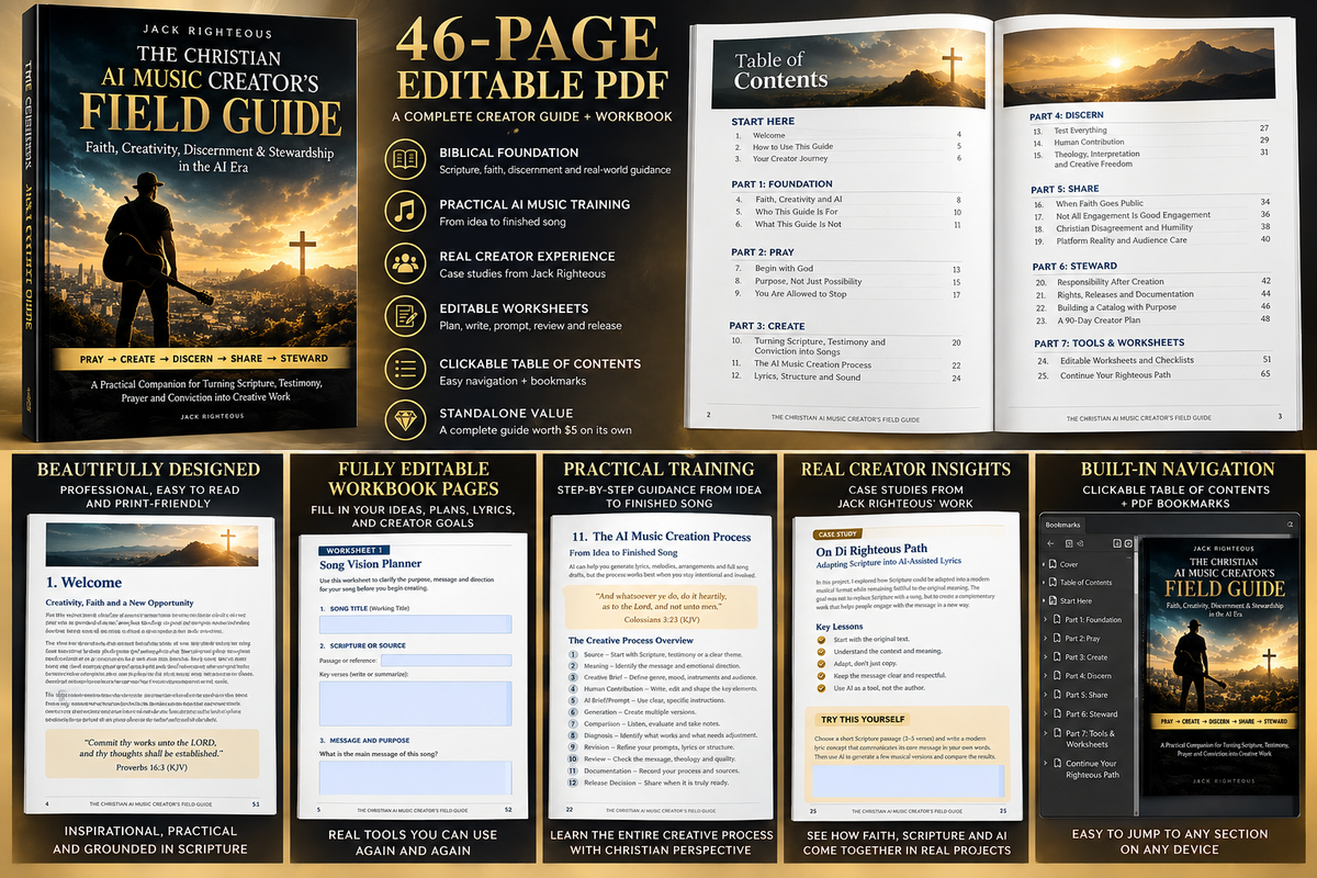 The Christian AI Music Creator's Field Guide — 46-page editable PDF with Christian creator training, worksheets and clickable navigation
