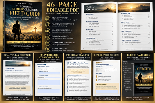 The Christian AI Music Creator's Field Guide — 46-page editable PDF with Christian creator training, worksheets and clickable navigation