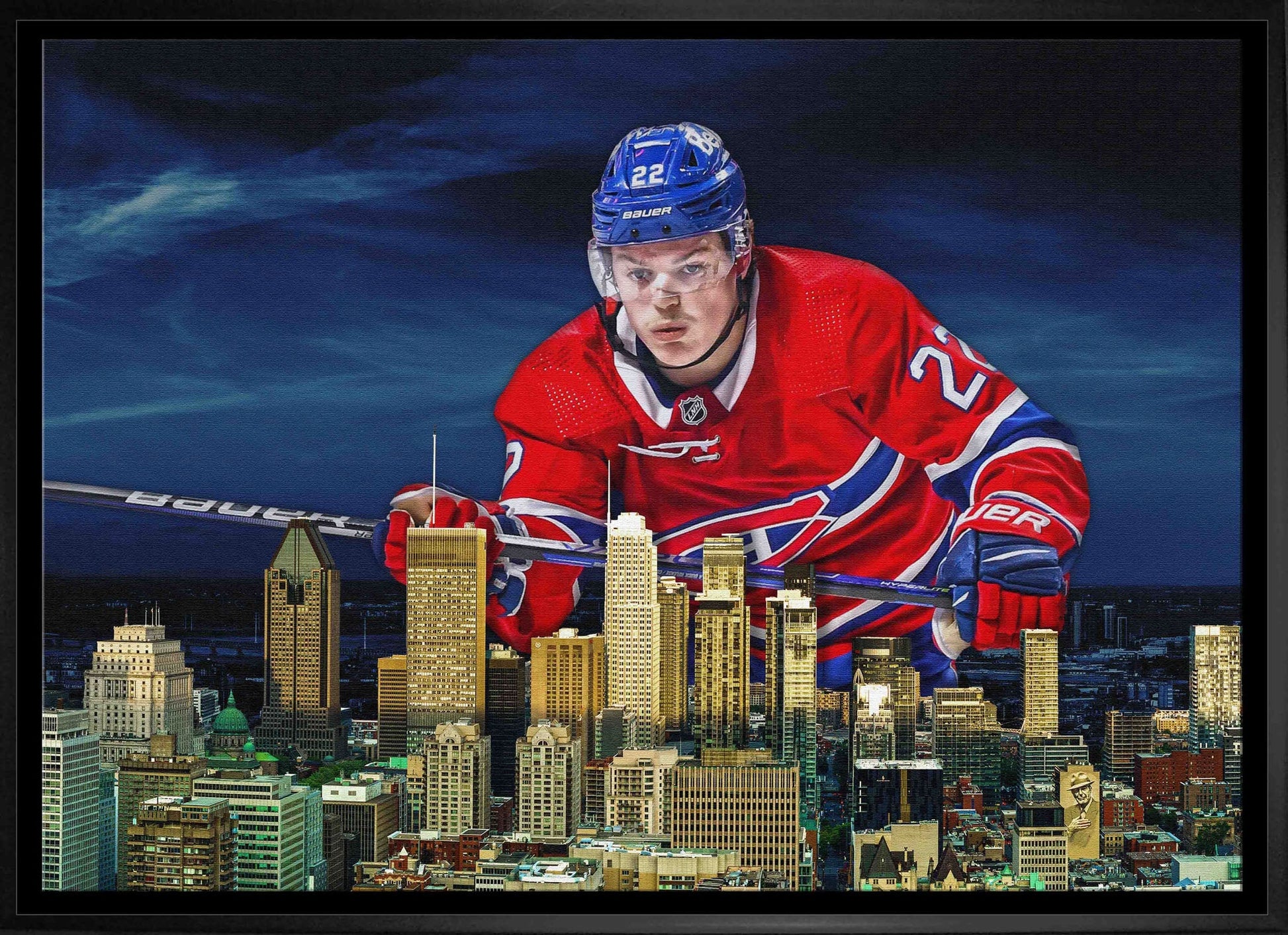 Cole Caufield 20x29 Canvas Framed Canadiens Skyline - H - Jack Righteous