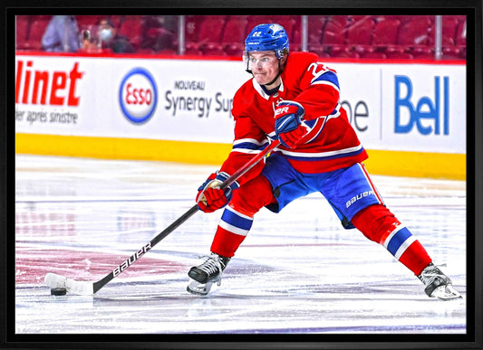 Cole Caufield Montreal Canadiens Framed 20x29 Passing Puck Canvas - Jack Righteous