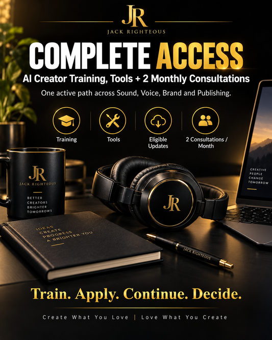 Complete Access graphic with creator training, tools and two monthly consultations on a dark branded desk
